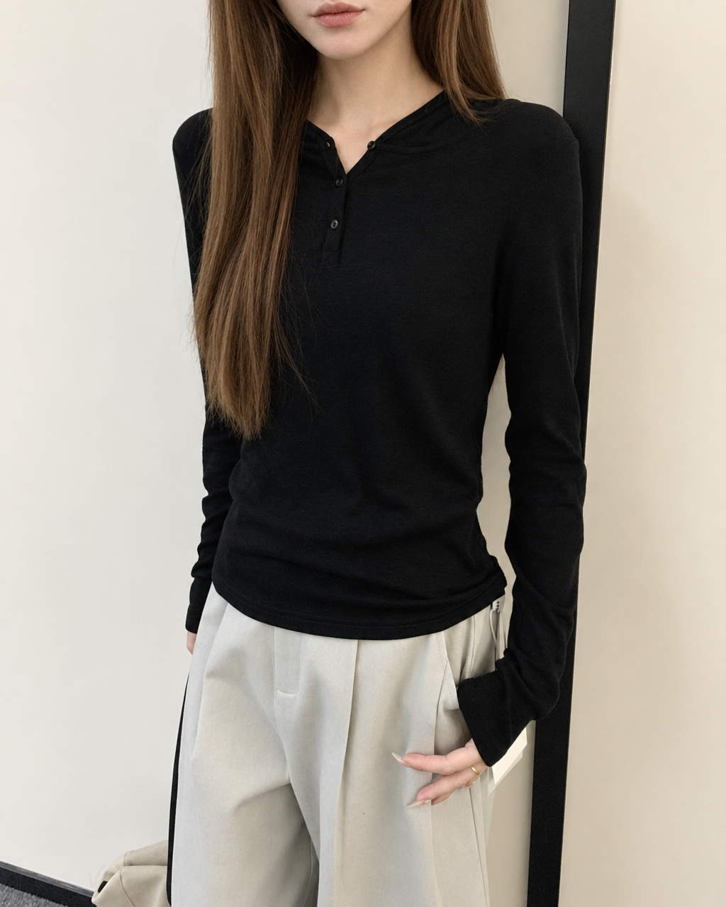 Almorie Hooded Henley Long-Sleeve Tee - Black - view 2 of 5