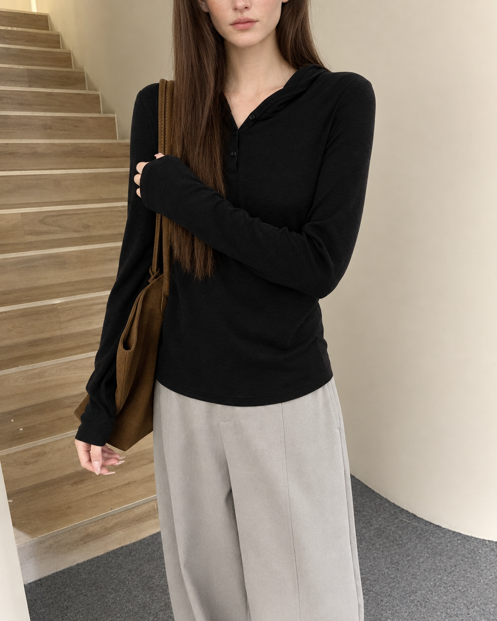 Almorie Hooded Henley Long-Sleeve Tee - Black - view 3 of 5