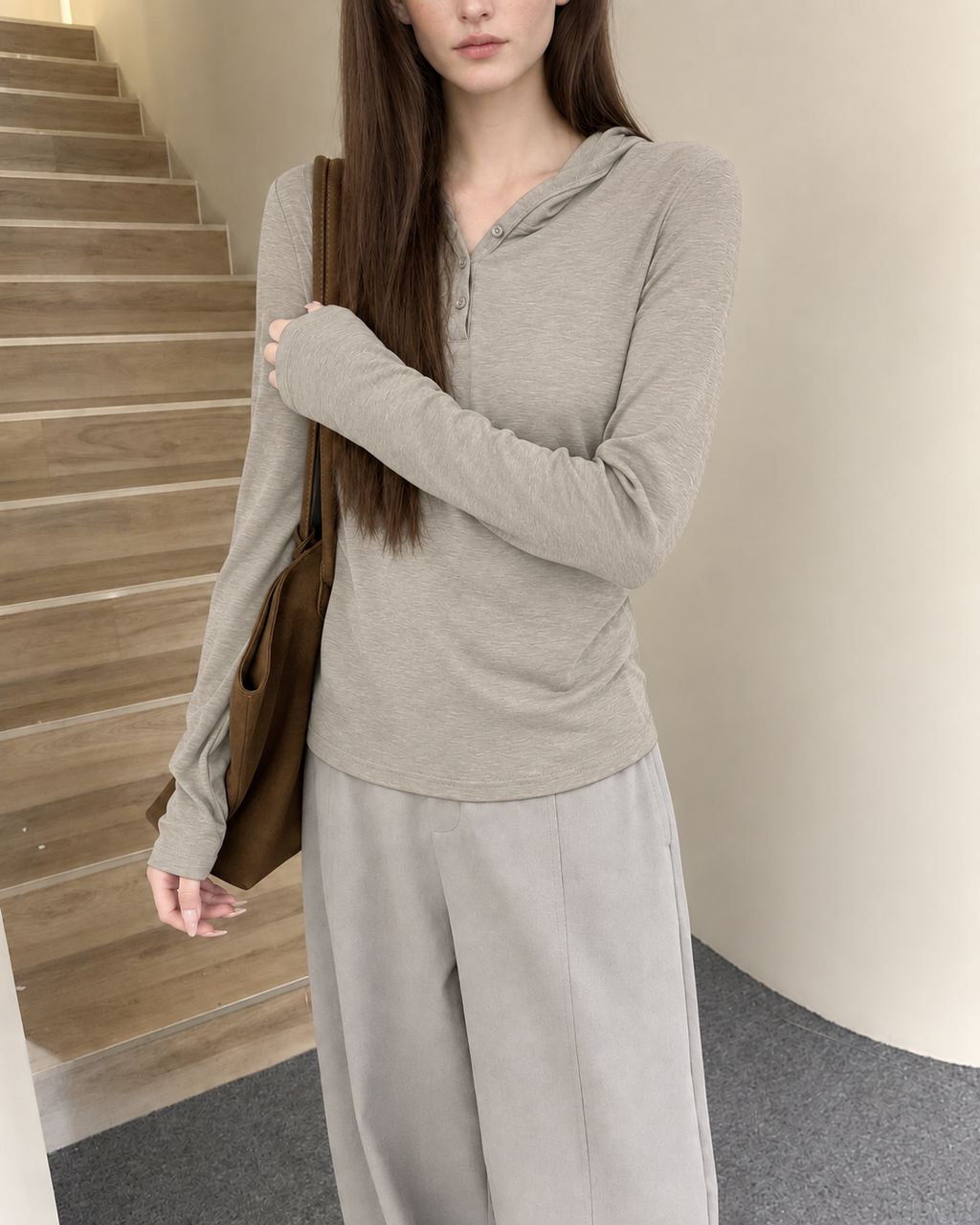 Almorie Hooded Henley Long-Sleeve Tee - Brown - view 3 of 5
