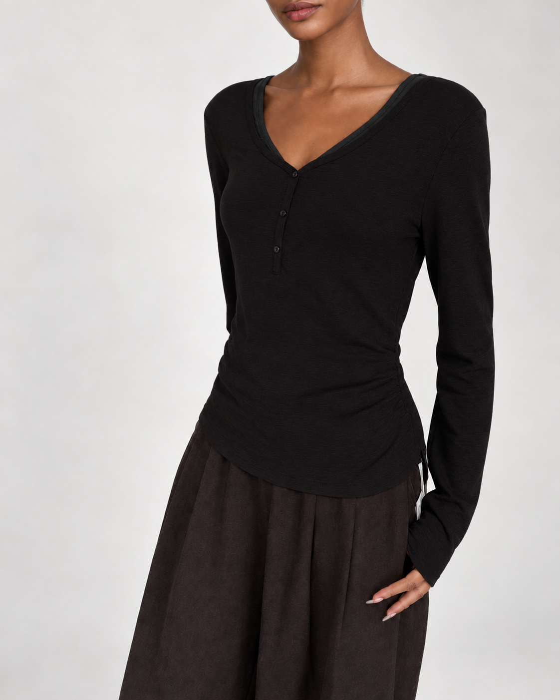 Almorie Contrast-Trim Ruched V-Neck Top - Black - view 1 of 5