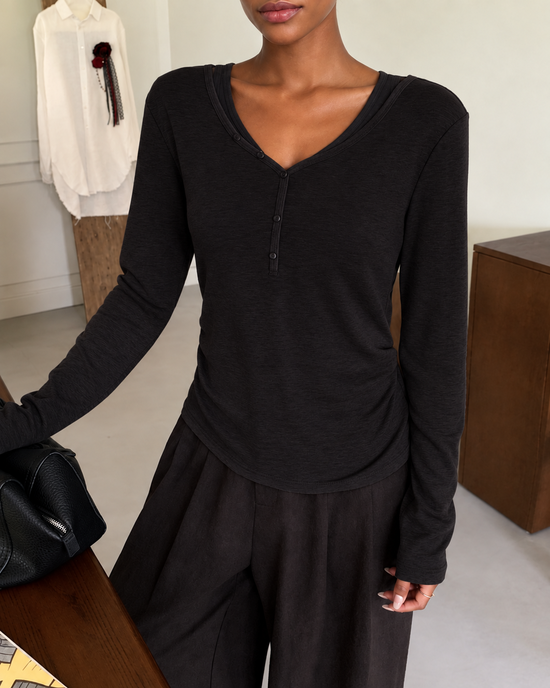 Almorie Contrast-Trim Ruched V-Neck Top - Black - view 2 of 5