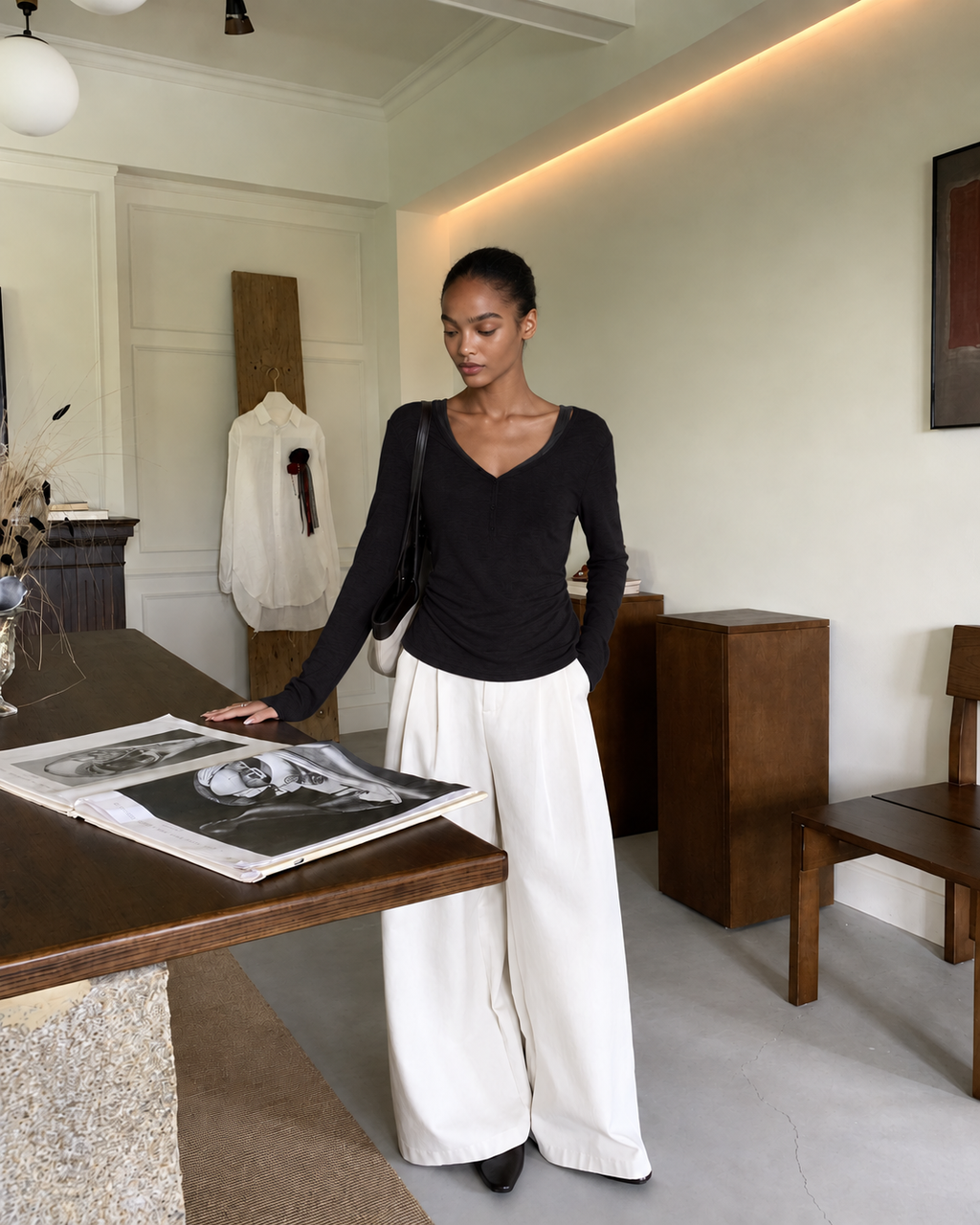 Almorie Contrast-Trim Ruched V-Neck Top - Black - view 4 of 5