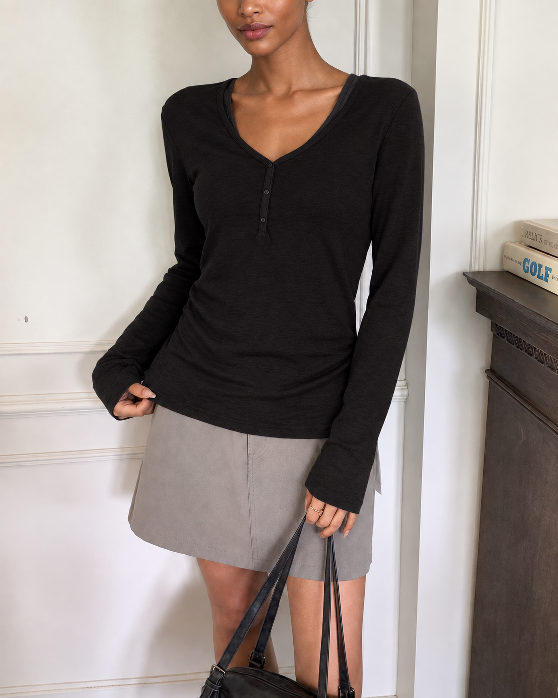 Almorie Contrast-Trim Ruched V-Neck Top - Black - view 5 of 5