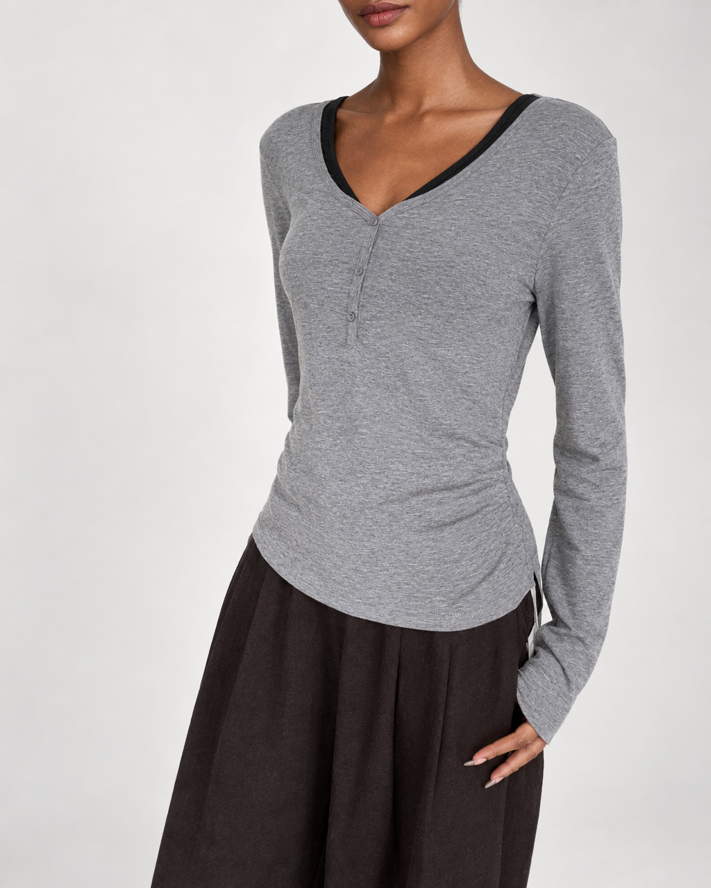 Almorie Contrast-Trim Ruched V-Neck Top - Gray - view 1 of 5