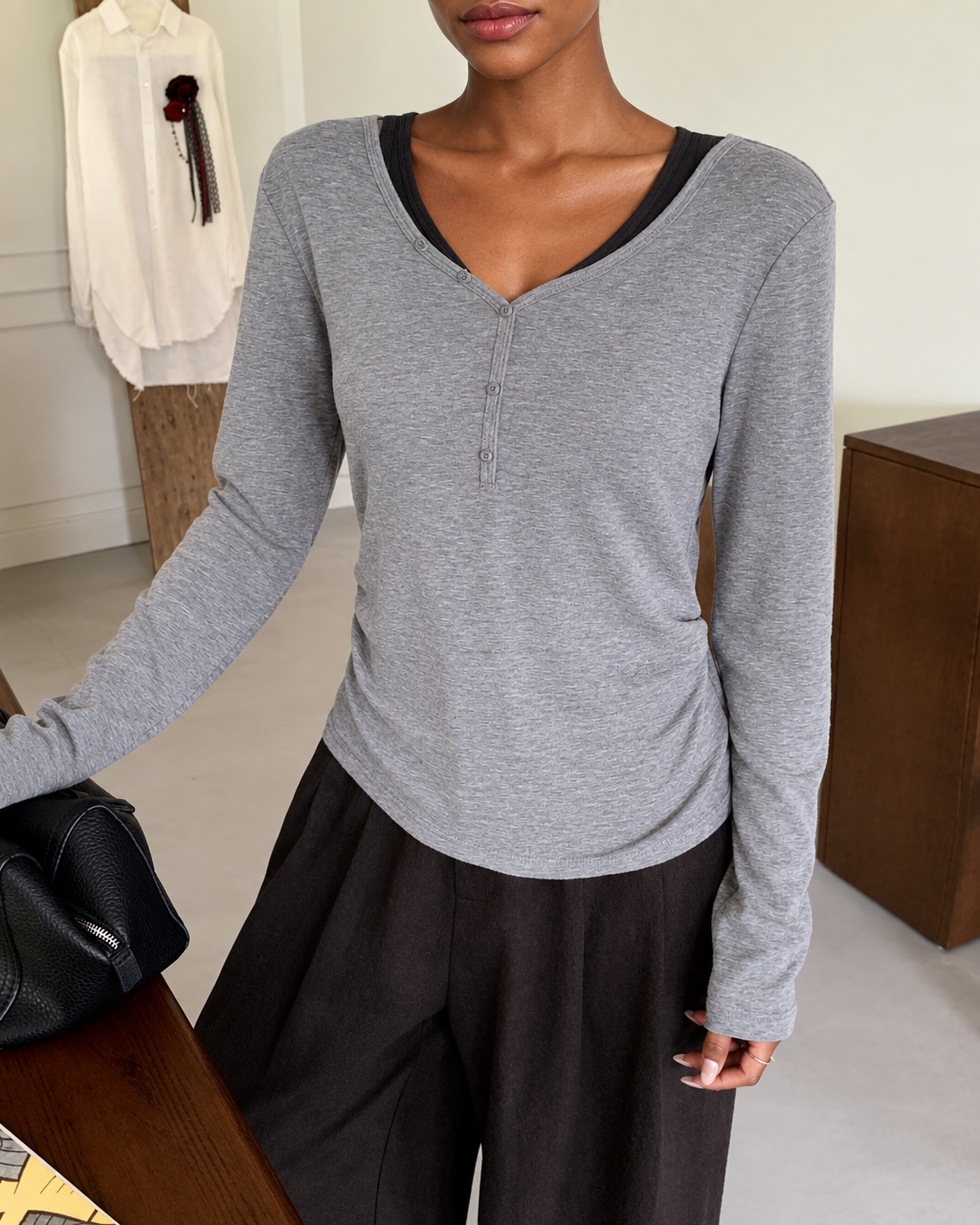 Almorie Contrast-Trim Ruched V-Neck Top - Gray - view 2 of 5