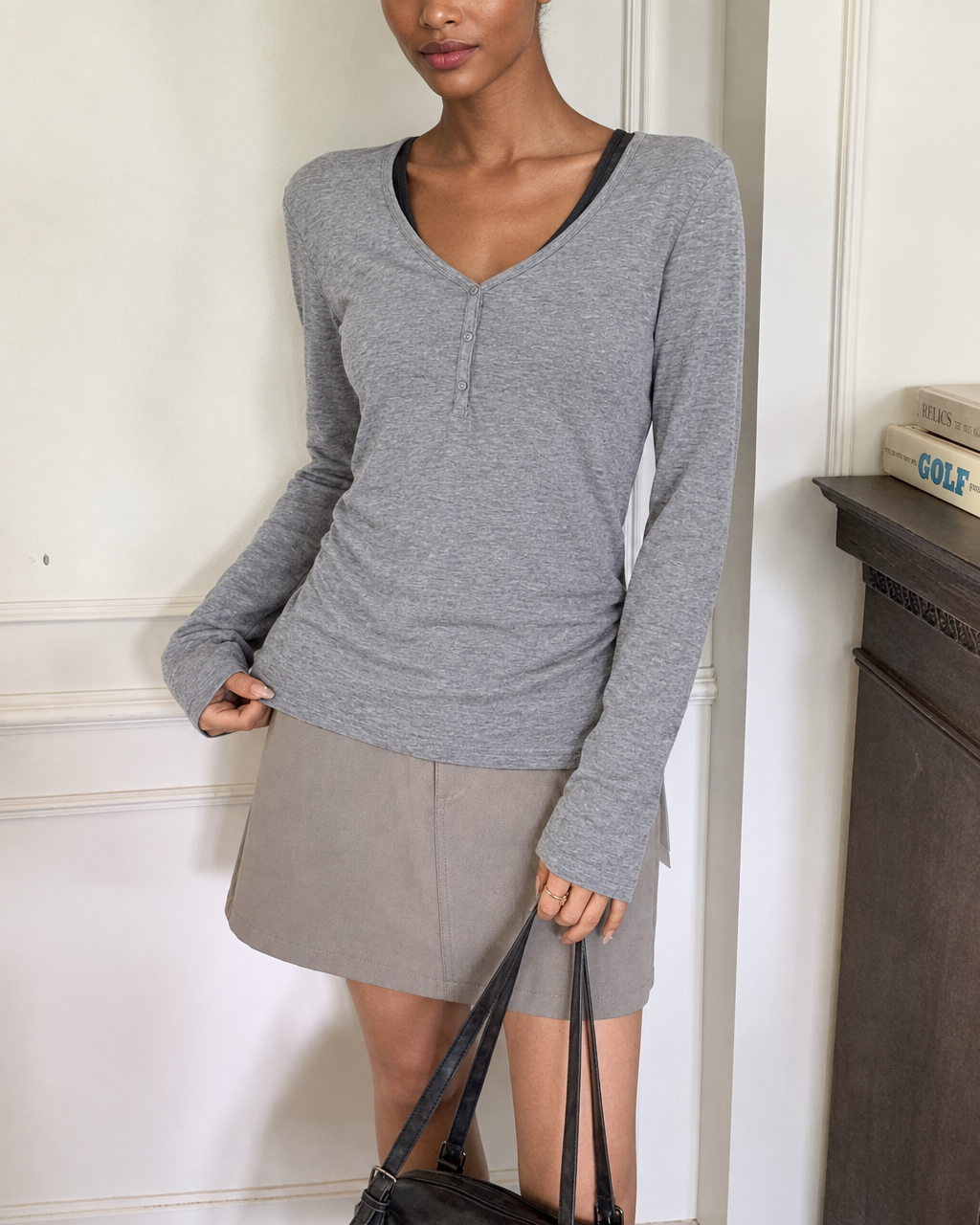 Almorie Contrast-Trim Ruched V-Neck Top - Gray - view 5 of 5
