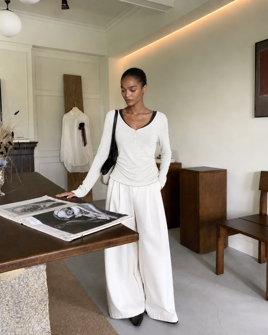 Almorie Contrast-Trim Ruched V-Neck Top - White - view 4 of 5