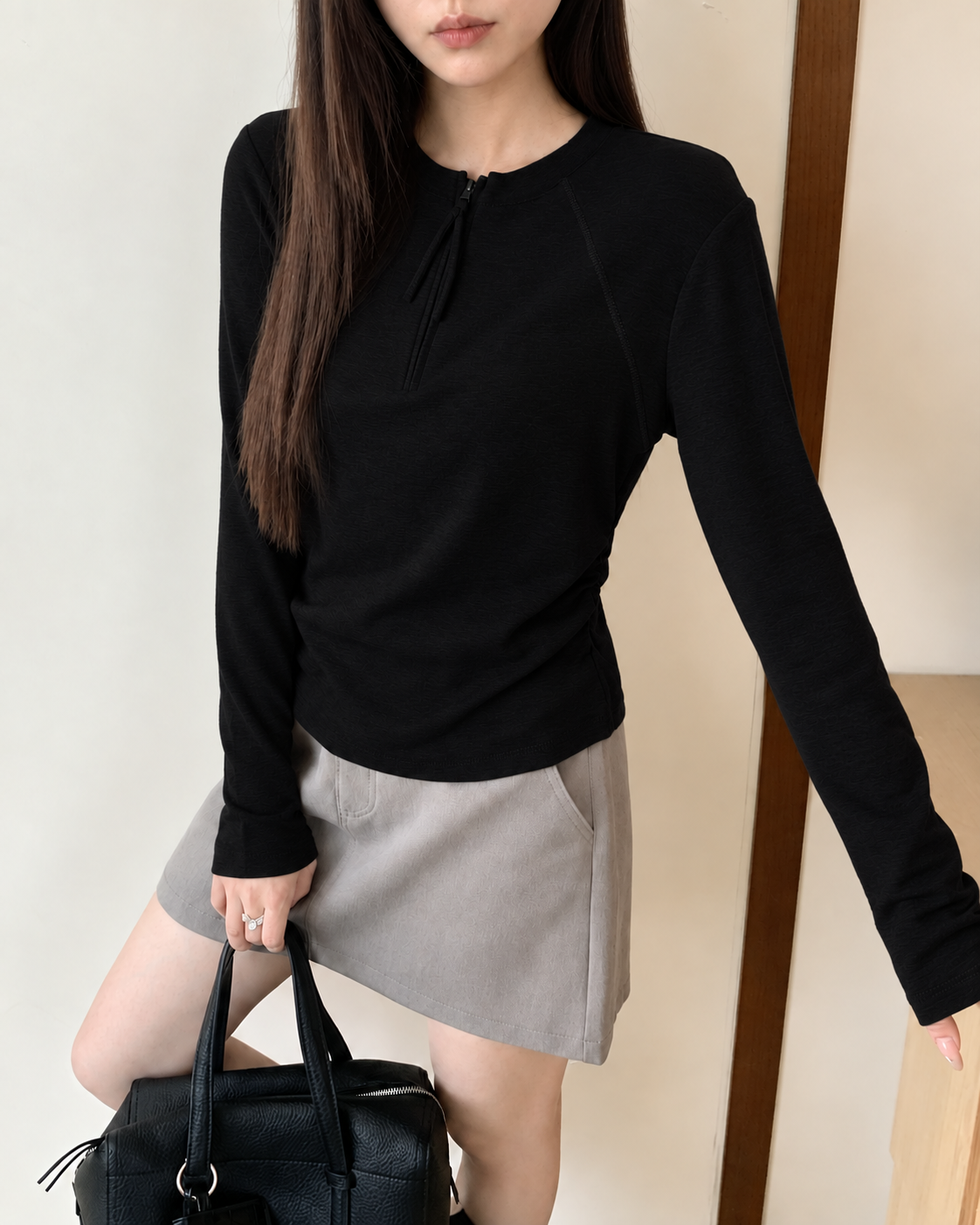 Almorie Half-Zip Curved-Hem Top - Black - view 2 of 5