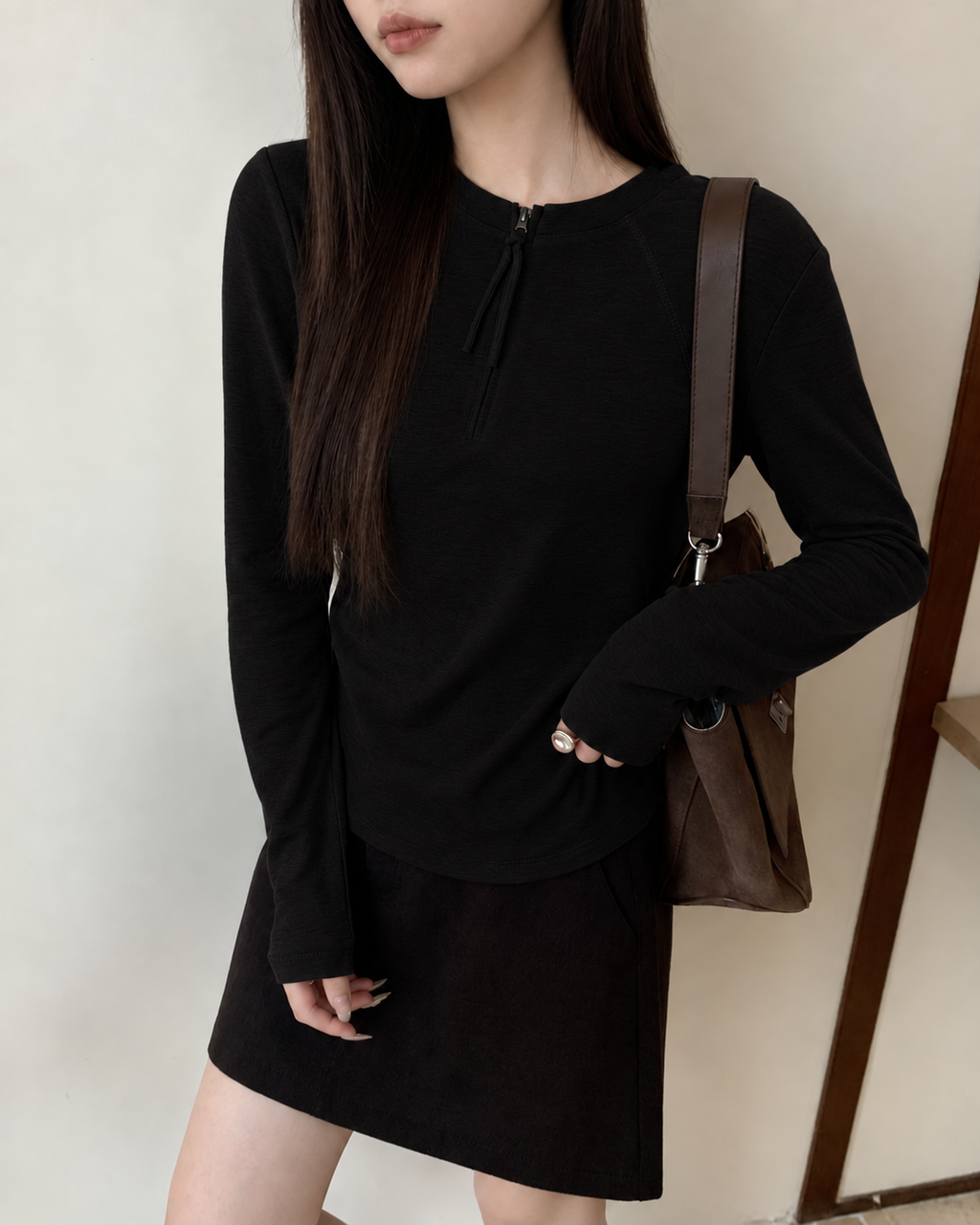 Almorie Half-Zip Curved-Hem Top - Black - view 3 of 5