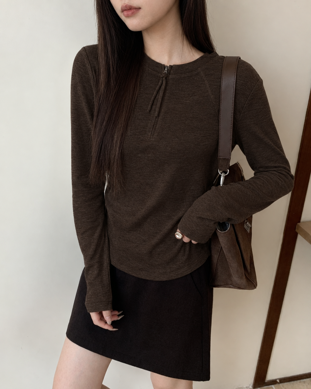 Almorie Half-Zip Curved-Hem Top - Coffee Brown - view 3 of 5