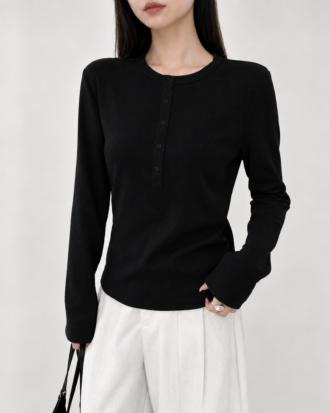 Almorie Button-Detail Long-Sleeve Tee - Black - view 1 of 5