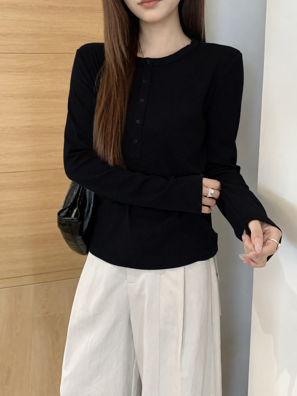 Almorie Button-Detail Long-Sleeve Tee - Black - view 2 of 5
