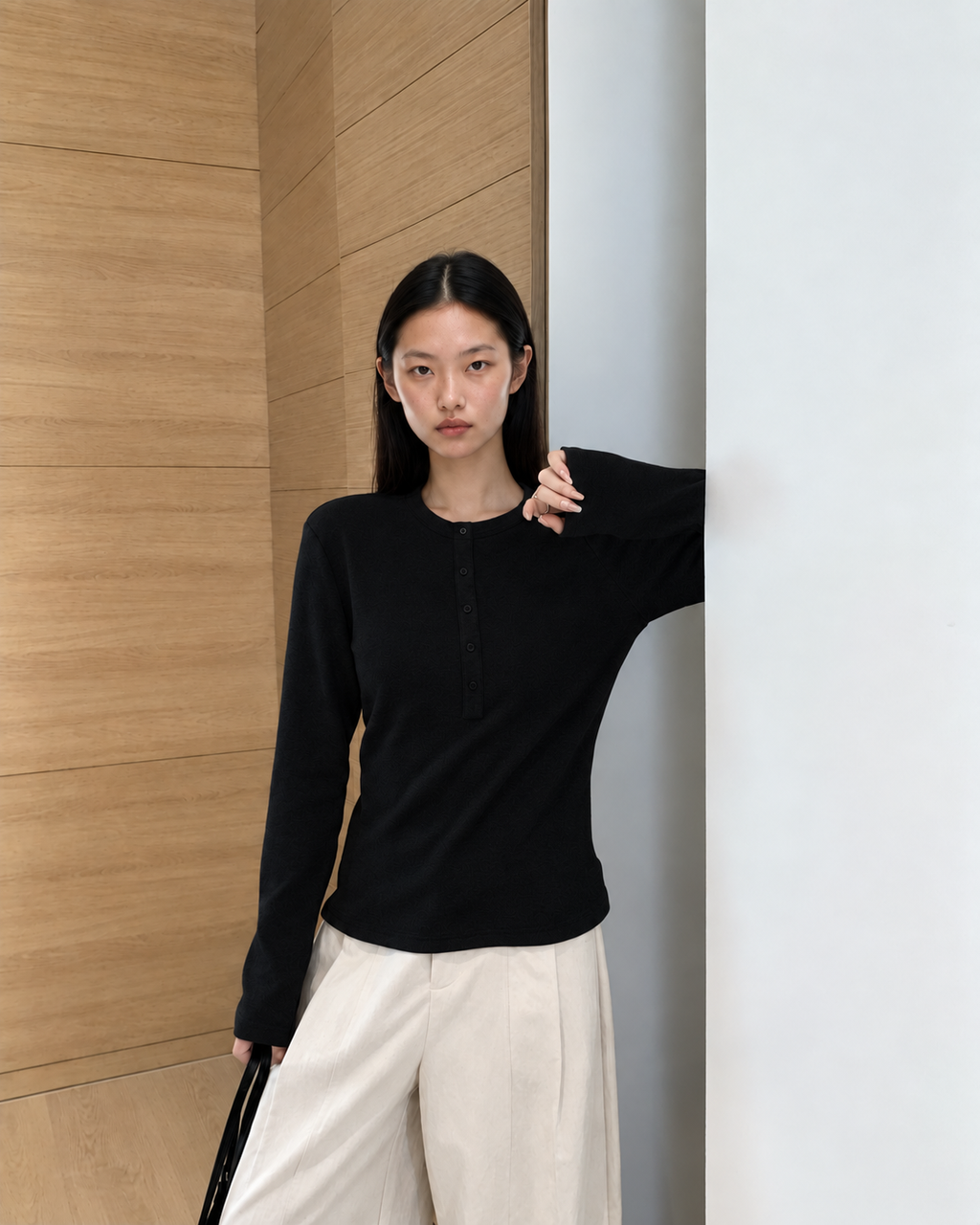 Almorie Button-Detail Long-Sleeve Tee - Black - view 3 of 5