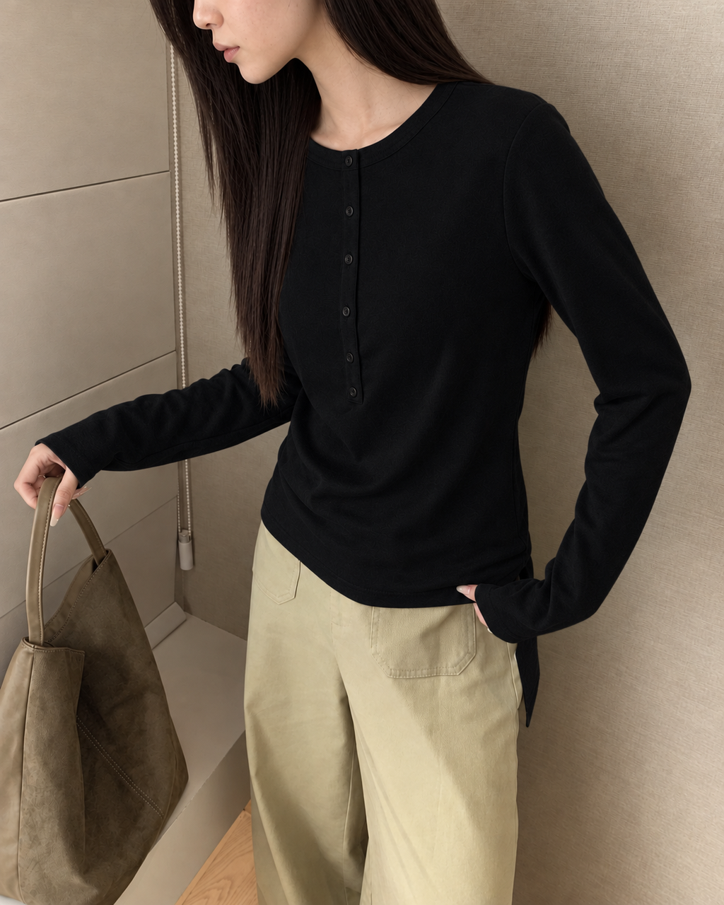 Almorie Button-Detail Long-Sleeve Tee - Black - view 4 of 5