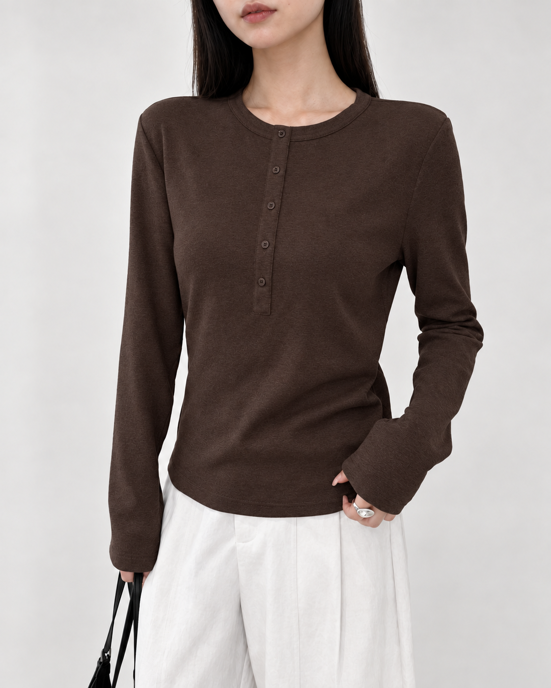 Almorie Button-Detail Long-Sleeve Tee - Coffee Brown - view 1 of 5