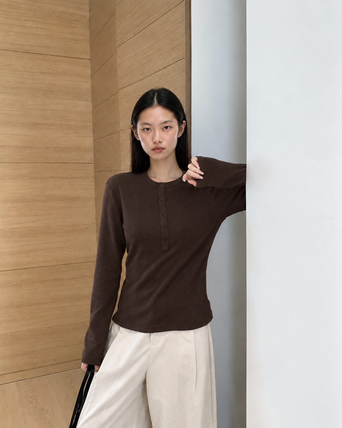 Almorie Button-Detail Long-Sleeve Tee - Coffee Brown - view 3 of 5