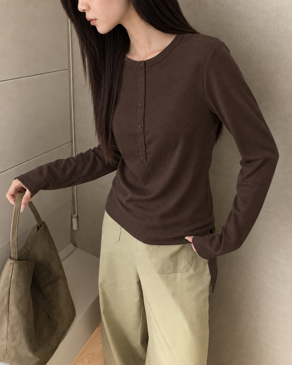 Almorie Button-Detail Long-Sleeve Tee - Coffee Brown - view 4 of 5