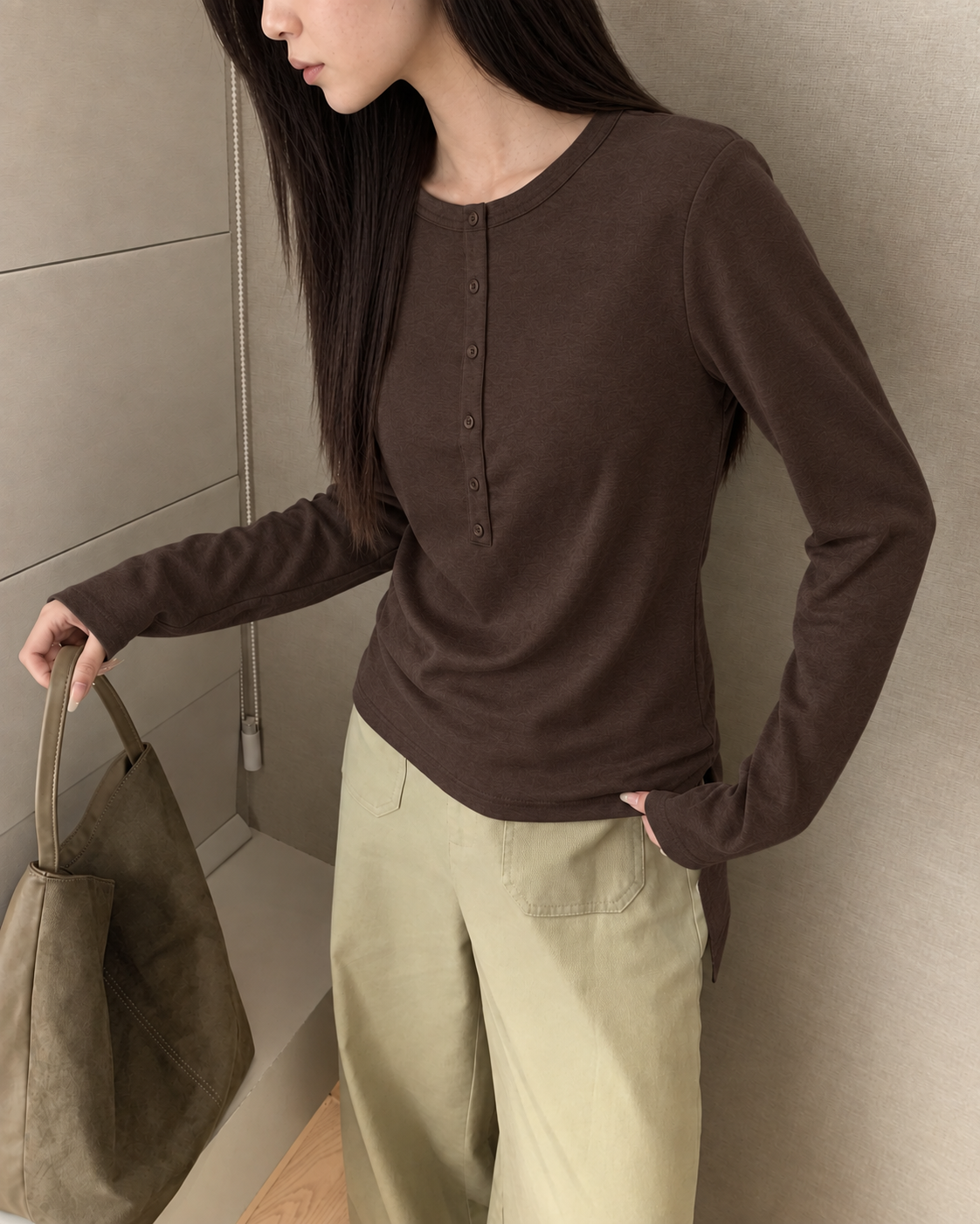 Almorie Button-Detail Long-Sleeve Tee - Coffee Brown - view 4 of 5