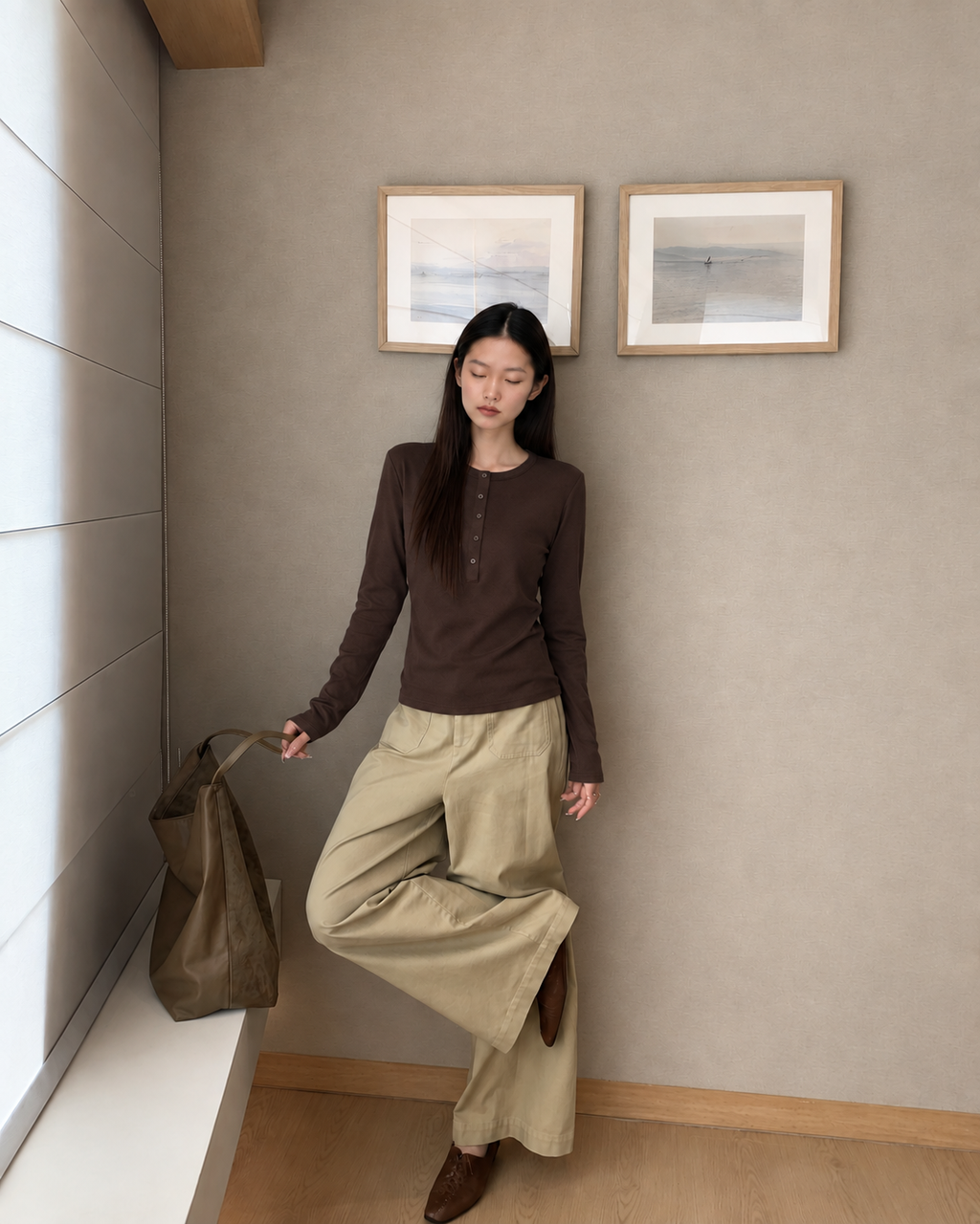 Almorie Button-Detail Long-Sleeve Tee - Coffee Brown - view 5 of 5
