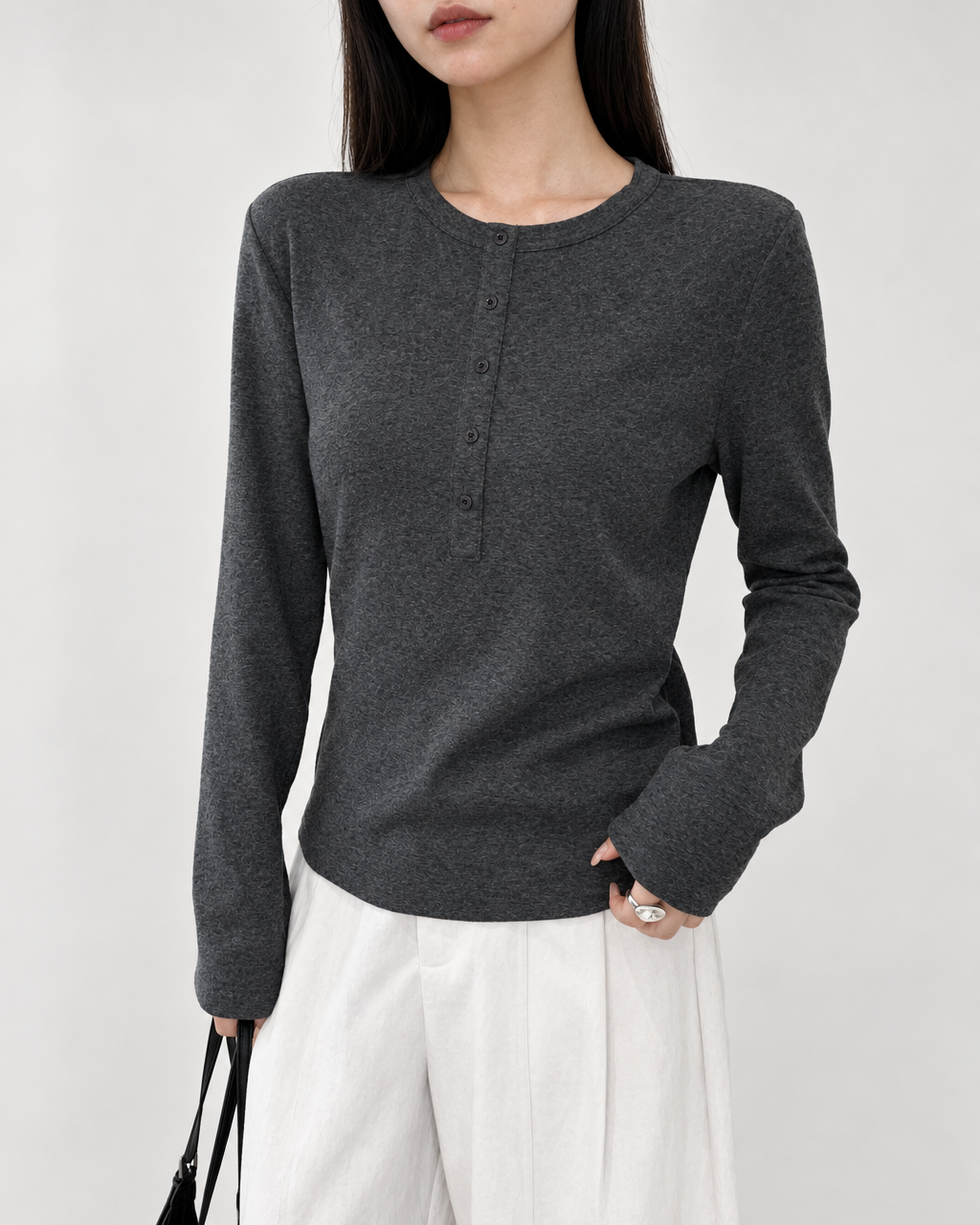 Almorie Button-Detail Long-Sleeve Tee - Dark Gray - view 1 of 5