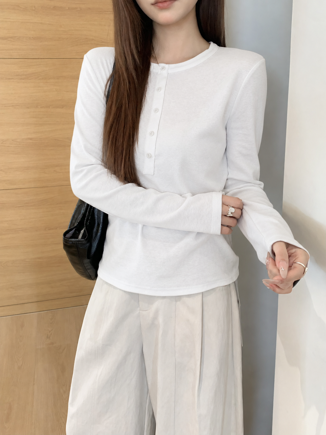 Almorie Button-Detail Long-Sleeve Tee - White - view 2 of 5